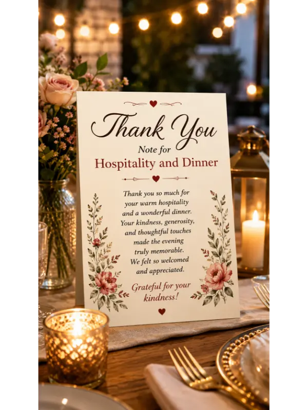 Thank you note for hospitality and dinner