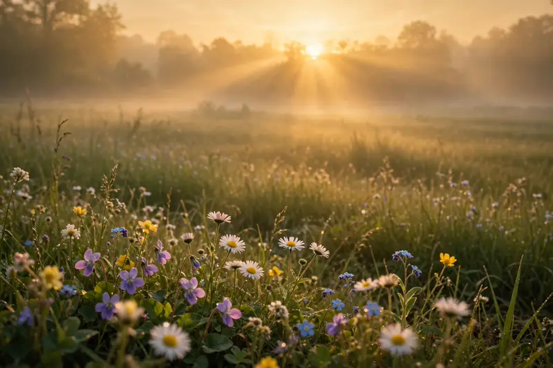 Golden sunrise over a peaceful meadow with spring flowers, blessings on your birthday image