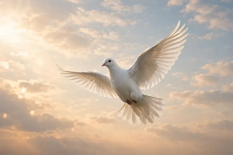 A white dove flying in a soft morning sky, a symbol of birthday blessings and hope