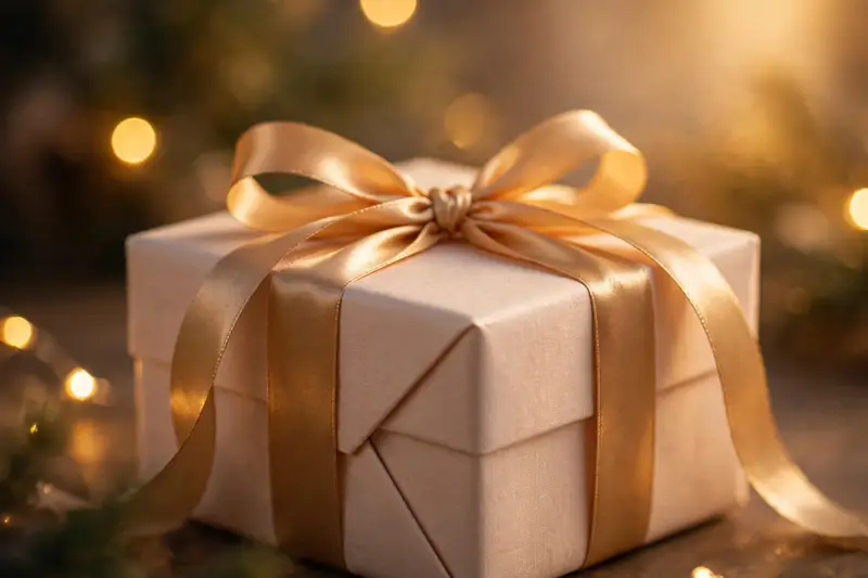 A gift box tied with a satin ribbon glowing in warm golden light, a birthday celebration image