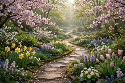 A peaceful garden path winding through blooming spring flowers in soft morning light