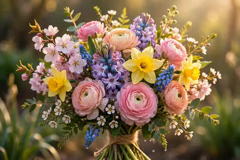 A bouquet of colourful spring flowers in warm sunlight, a cheerful birthday blessing image