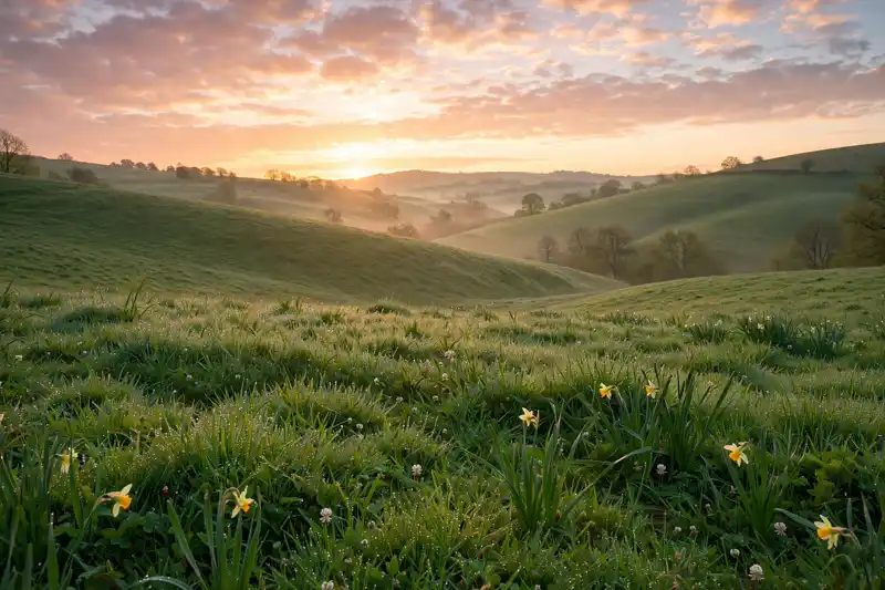 Sunrise over rolling green hills on Easter morning, a warm and uplifting family Easter blessings image