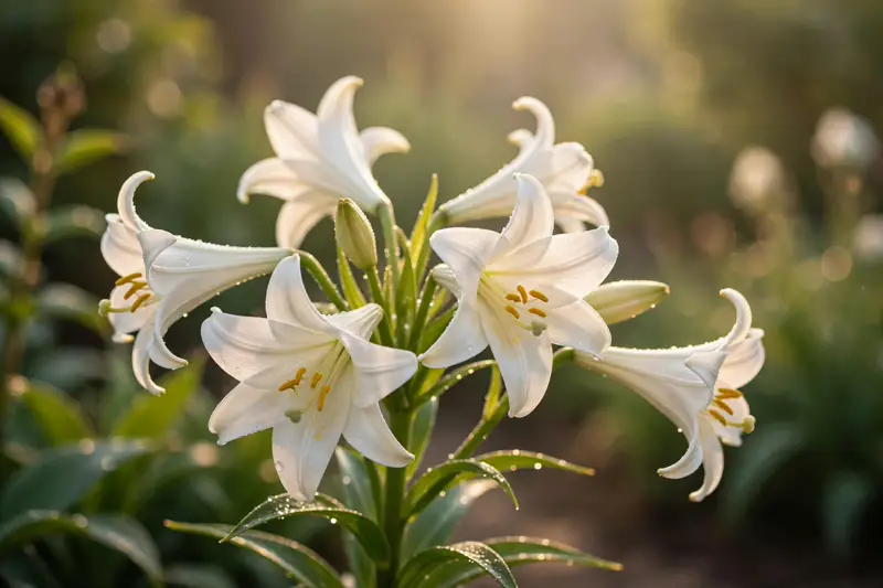 White Easter lilies glowing in soft morning light, a symbol of purity and resurrection hope, family Easter blessings