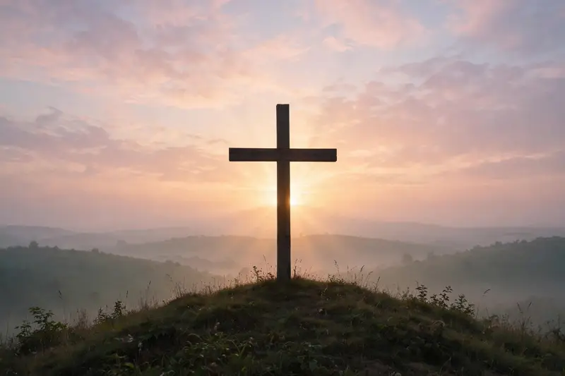 Silhouette of a wooden cross on a hilltop at dawn, a reverent image of He is risen on Resurrection Sunday