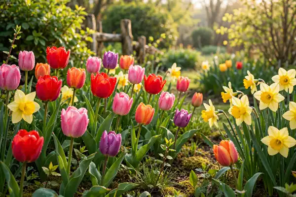 Colourful spring tulips and daffodils blooming in a sunny garden, a joyful Easter celebration image