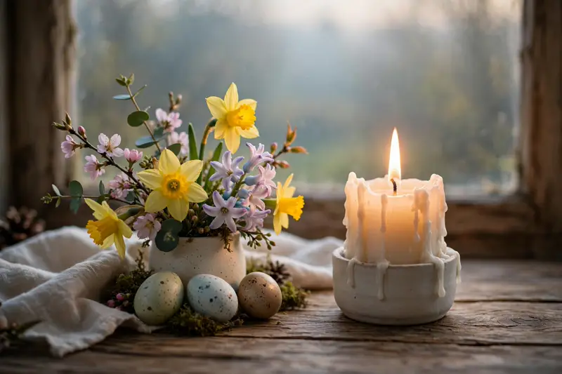 A glowing candle beside spring flowers on an Easter morning table, a peaceful family blessing scene