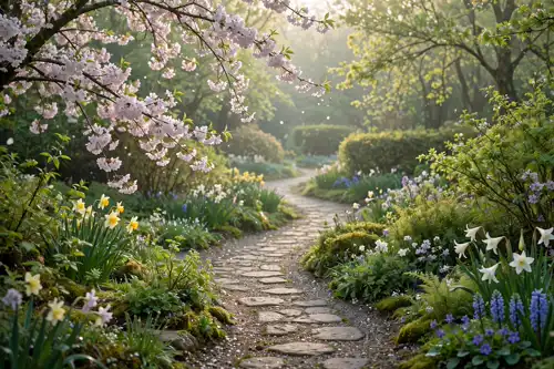 A peaceful garden path in soft morning light with spring blossoms, a tranquil Easter blessing image