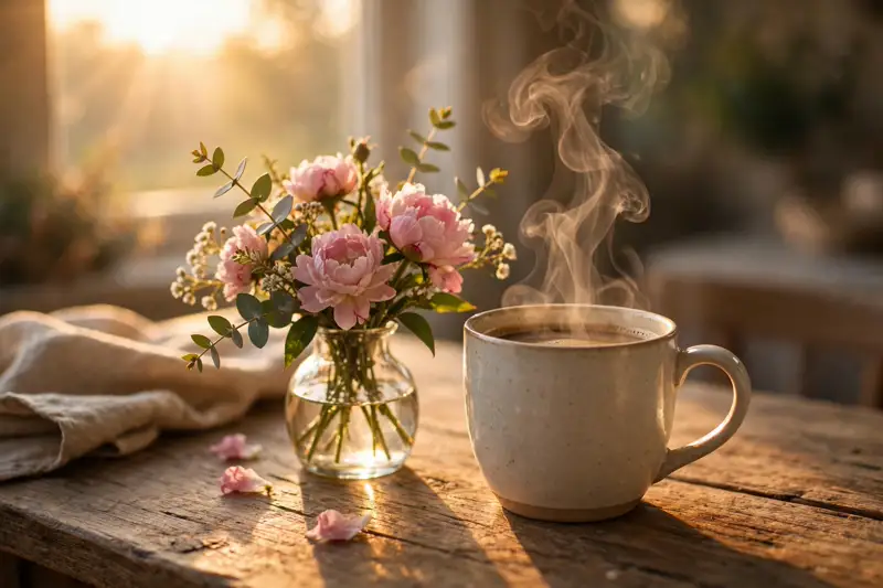 Good morning coffee with Friday blessings flowers