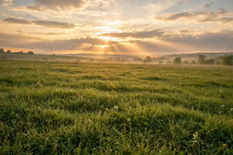 Golden sunrise over a green meadow, happy Wednesday blessings images for a bright morning