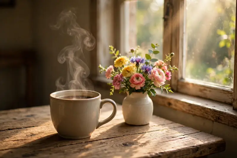 Steaming cup of coffee by a sunny window with flowers, a cosy happy Wednesday morning greeting
