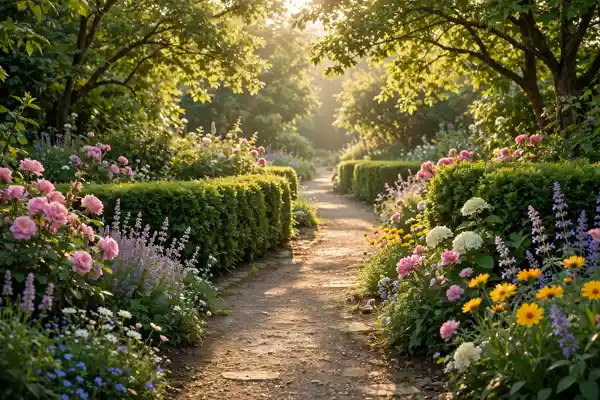 Sunlit garden path lined with blooming flowers in the morning