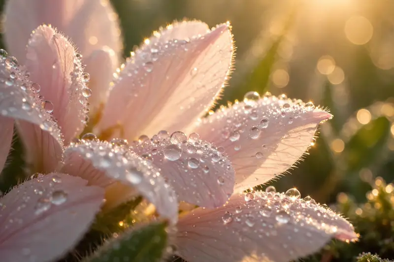 Dewdrops on flower petals sparkling in the morning sun