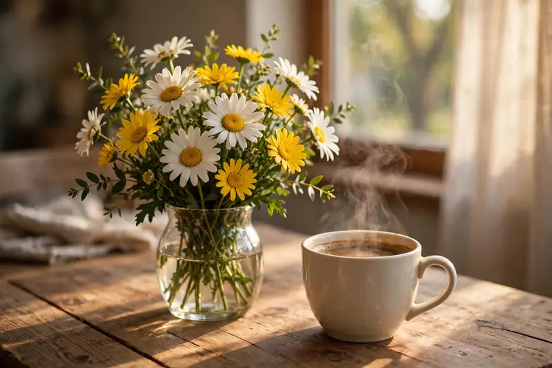White and yellow wildflowers with morning dew, a simple blessing of nature