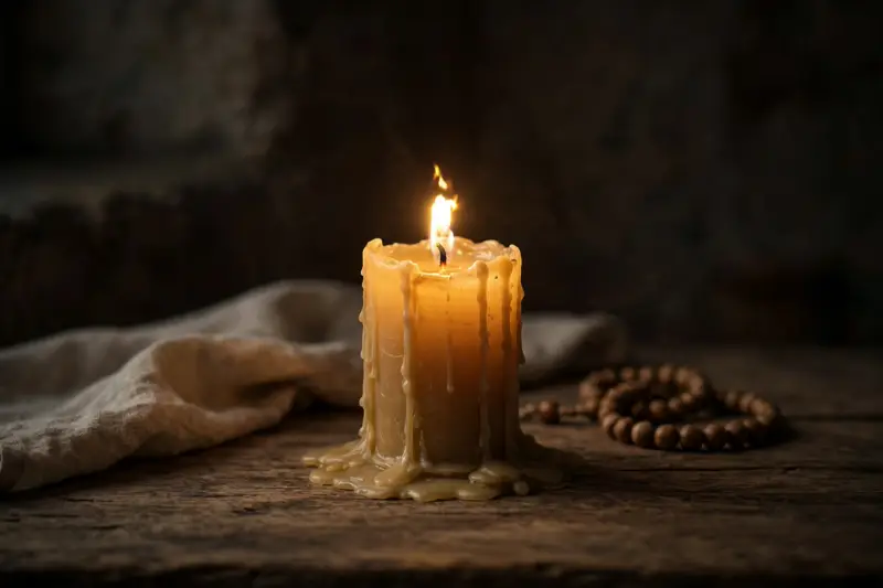 A lit candle glowing in a quiet room during prayer