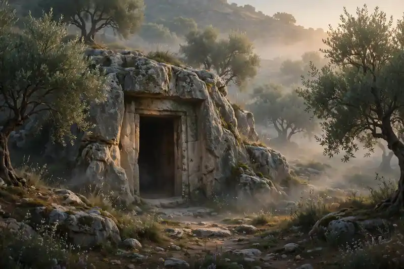 Empty tomb at dawn on Holy Saturday