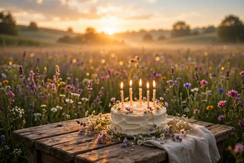 Sunrise over wildflowers with a birthday cake and glowing candles on a wooden table
