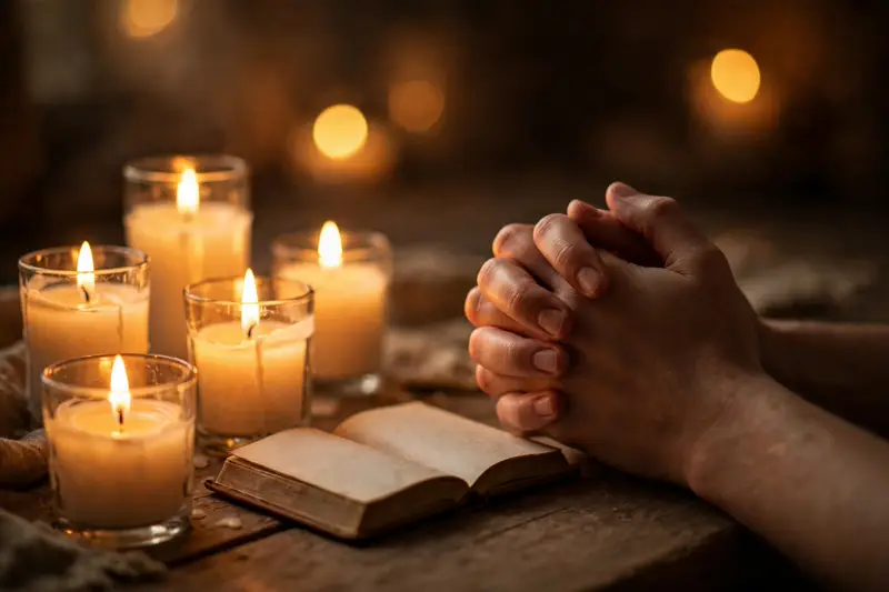 Lit prayer candles beside folded hands in warm light — a birthday prayer blessing