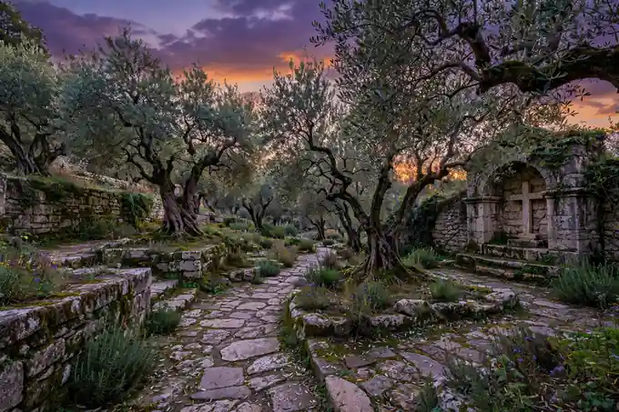 Quiet garden at dusk during Holy Week