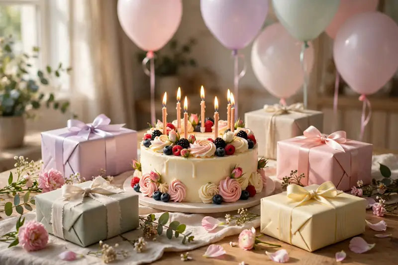 Birthday cake with candles, gift boxes and pastel balloons in warm sunlight