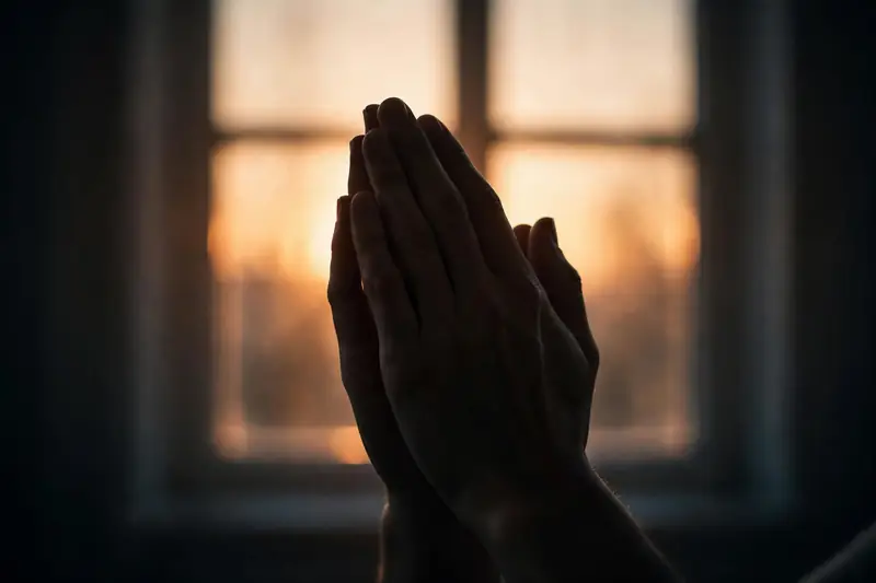 Silhouette of praying hands in soft light