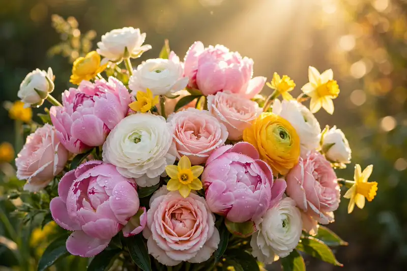 Fresh bouquet of flowers glowing in morning sunlight — a birthday blessings wish