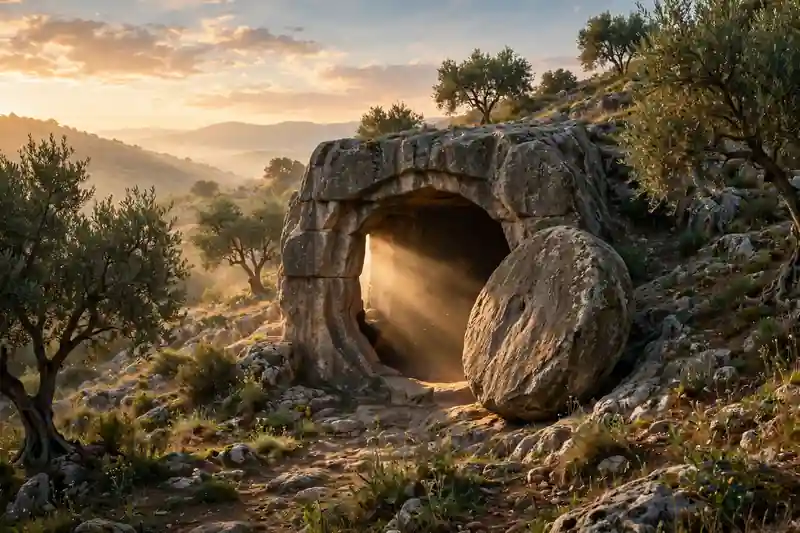 Stone rolled away from the empty tomb at sunrise