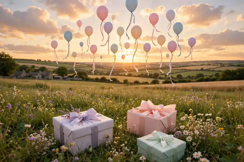 Pastel balloons rising into a golden sunset sky above gift boxes in a meadow