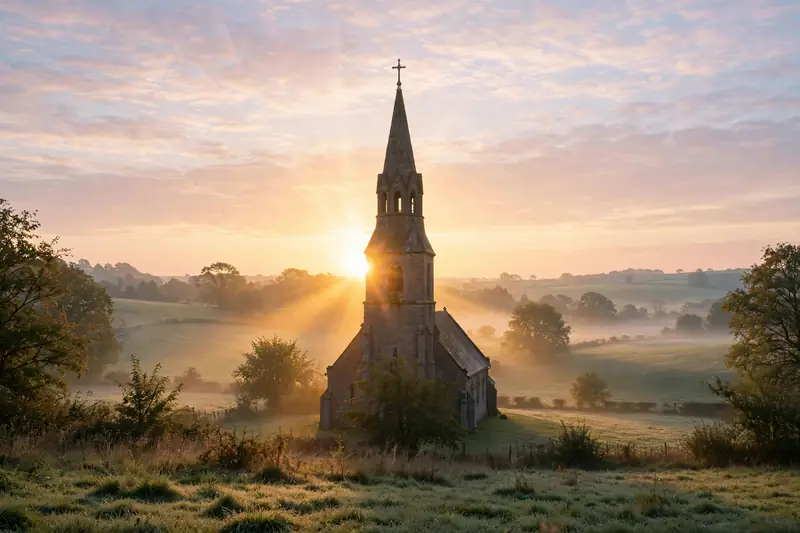 Sunrise glowing behind a church steeple on a peaceful Sunday morning