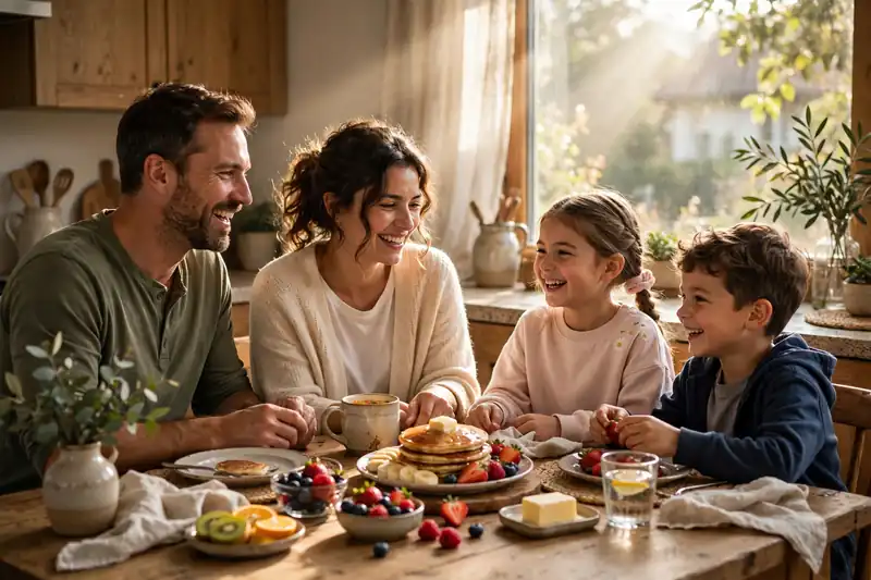 Family sharing a warm Sunday breakfast around a cosy kitchen table