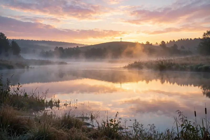 Golden sunrise over a still lake with a cross silhouette on a distant hill — a peaceful spiritual good morning blessing