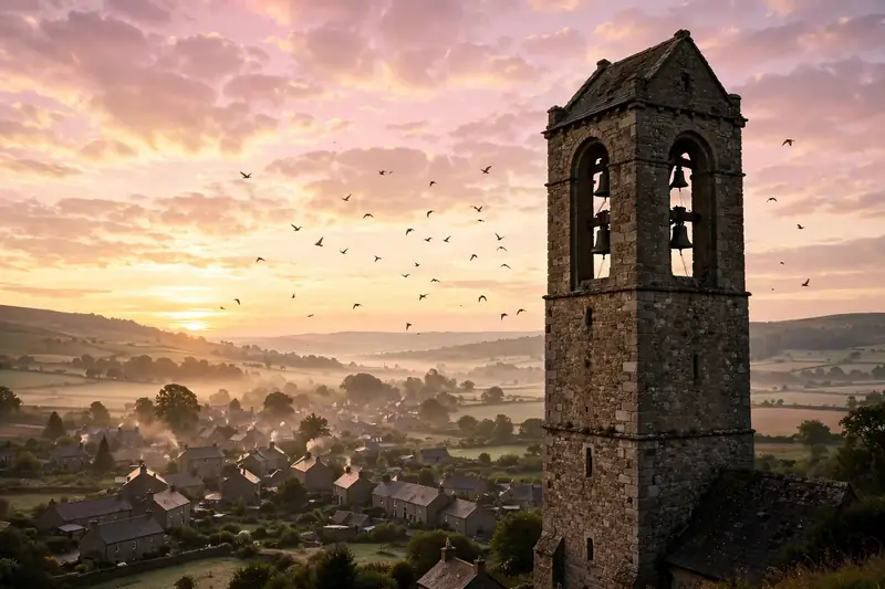 Church bells silhouetted in a tower at dawn under a soft morning sky