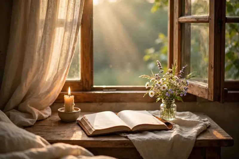 Warm morning light falling on a lit candle, prayer journal and flowers by a window — spiritual morning prayers