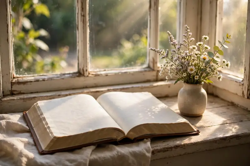 Open Bible resting on a sunny windowsill with morning light on the pages