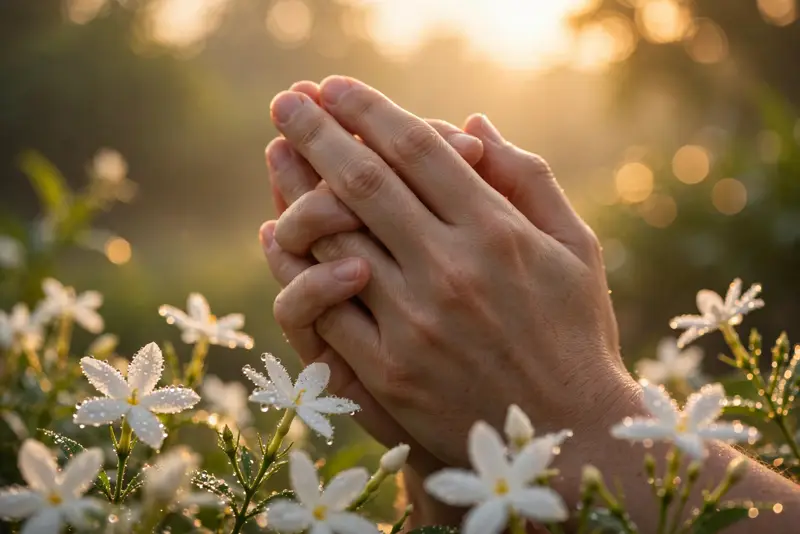Folded hands in prayer at dawn with dew-covered flowers — good morning blessings and prayers