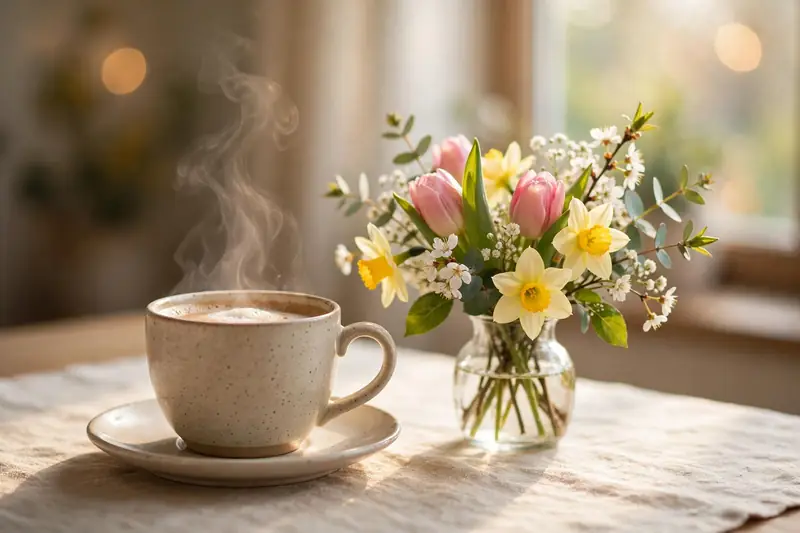Steaming cup of coffee beside fresh spring flowers in Sunday morning sunlight