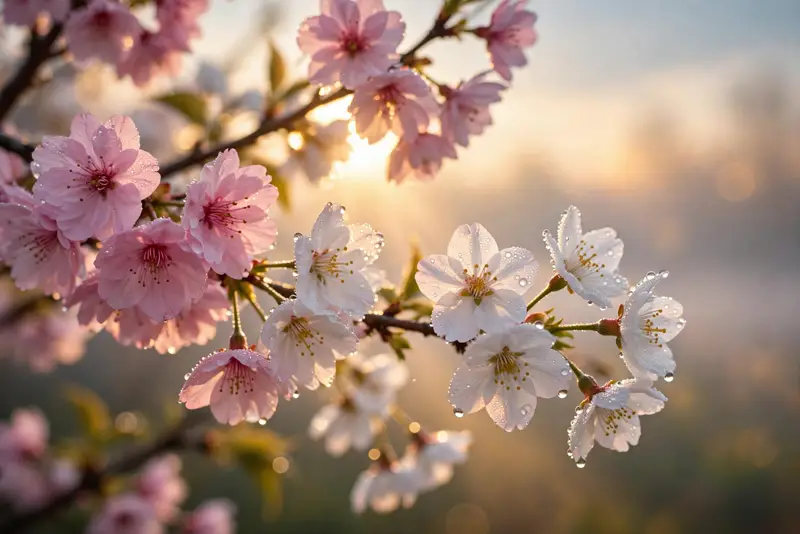 Pink cherry blossom flowers glowing in soft sunrise light — a peaceful good morning spiritual blessing