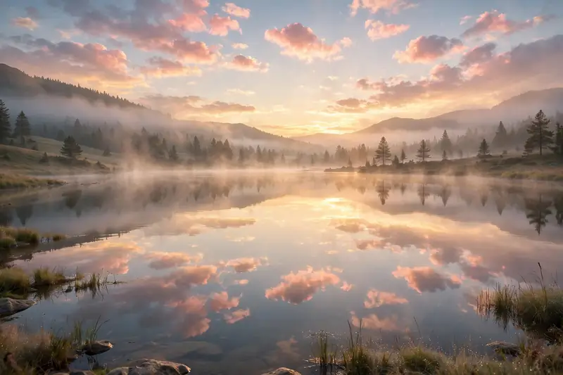 Peaceful lake reflecting a golden sunrise on a quiet Sunday morning