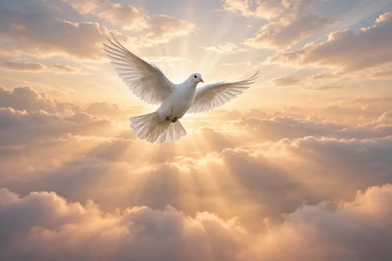 A white dove soaring across a luminous dawn sky — hope-filled spiritual good morning blessing
