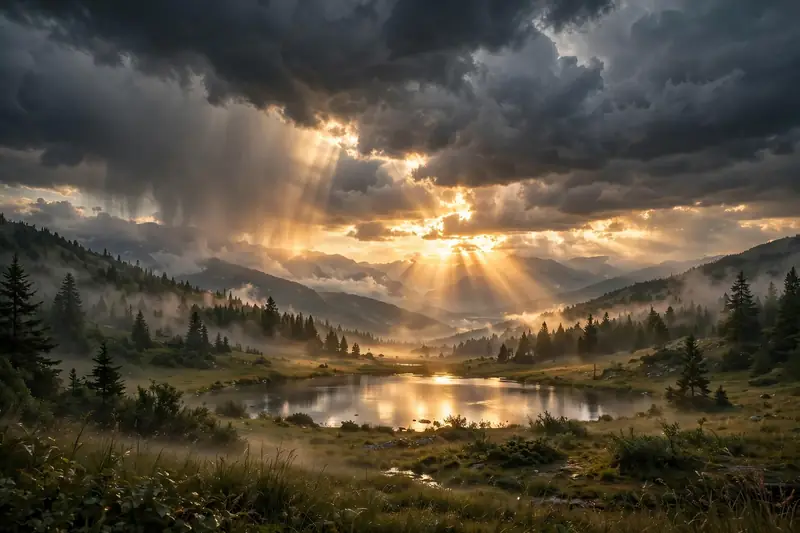Sunrise breaking through dark storm clouds, symbolising freedom and new blessings