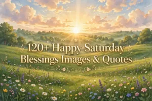 Happy Saturday blessings images and quotes title card with golden sunrise over meadows
