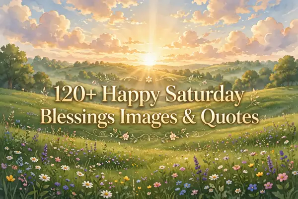Happy Saturday blessings images and quotes title card with golden sunrise over meadows