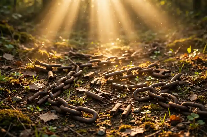 Broken chains lying in warm golden light, representing freedom from curses