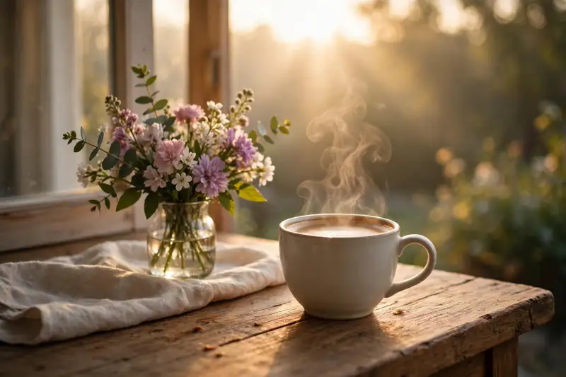 Warm Saturday morning scene with coffee, sunrise light and flowers for sharing morning blessings