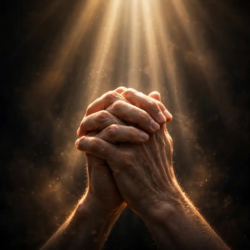 Praying hands bathed in soft rays of divine golden light