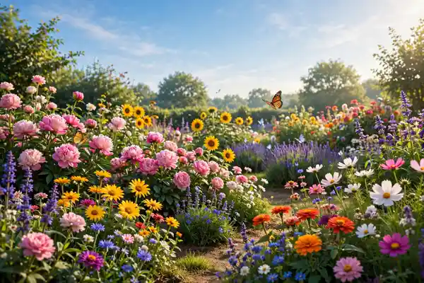 Colourful flower garden under a bright cheerful sky, a weekend blessings image to share with family and friends