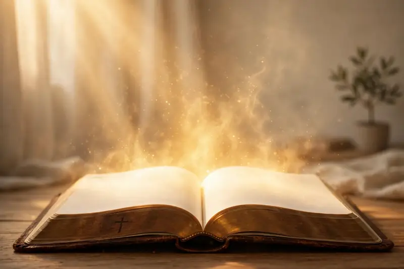 An open Bible glowing with warm divine light rising from its pages