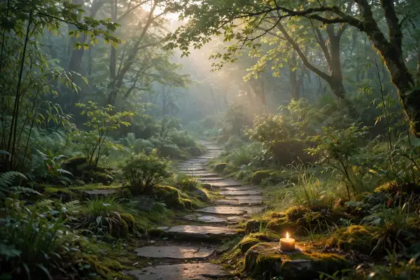 Peaceful garden path at dawn with a glowing candle, a Saturday blessings and prayers image