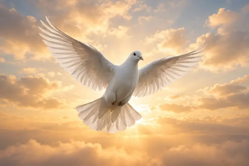 A white dove flying freely into a golden sunrise sky
