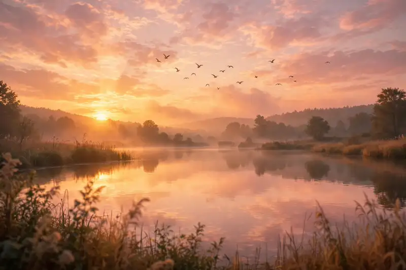 Golden sunrise over a calm lake, an inspirational Saturday blessings image about rest and new beginnings